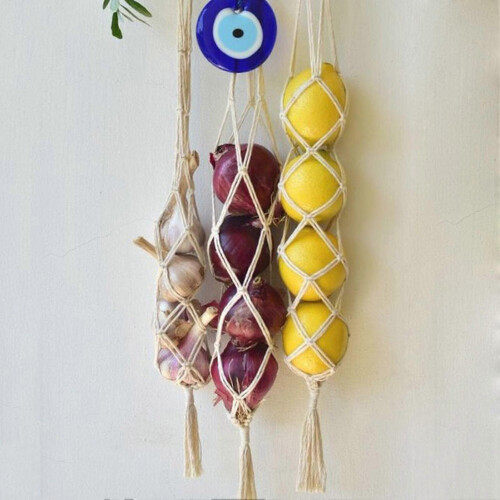 Beige Handmade Mesh Hanging Bag 2-Pack for Onion & Potato Storage 1