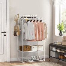 White Freestanding Double Rod Metal Clothes Rack with 2 Shelves