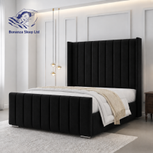(4ft6" Double(No Gaslift), Mink(with Mattress)) Luxury Bed Frame Winged Panel Plush Velvet 54” Headboard Gas Lift Storage Mattress