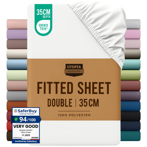 Utopia Bedding Fitted Sheet Double, White - Deep Pocket 14 inch (35 cm) - Easy C