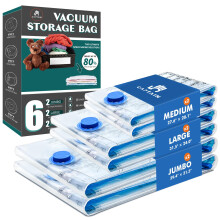 CaptainFive Vacuum Storage Bags 6-Pack (2 Jumbo + 2 Large + 2 Medium), Space Saver Sealer Vacuum Bags for Clothes, Pillows, Duvets, Bedding, Vacuum B