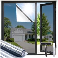 rabbitgoo Heat Reflective Window Film Privacy Film for Glass Windows Silver 90200cm, One Way Mirror Tint with Tools Static Cling Anti Glare UV, Sun