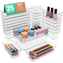 KICHLY Pack of 25 Clear 4 Sizes Makeup Drawer Organiser set, Acrylic Organization Plastic Storage Organiser tray for Bathroom, Vanity, Office Desk, ki
