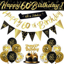 60th Birthday Decorations Set - 18Pcs Black Gold Balloons Kit with Sas