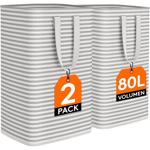 Lifewit 80L Collapsible Laundry Basket, 2 Pack, Extended Handles, Grey