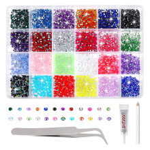 Resin Rhinestones Kits, 24 Colours 2mm and 3mm Flatback Round Rhinestones with 1 Tweezers Glue Pen, Bedazzling Kit Non Hotfix Crystal Gems for Nail D