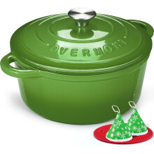 Overmont 26cm/5.2L Enamelled Cast Iron Round Casserole Pot With Lid Cookbook & Cotton Potholders - Non-stick Dutch Oven Cookware for Braising, Stews,