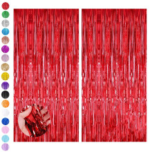 Red Tinsel Curtain Party Backdrop - 2pcs 3.2ft x 6.5ft Foil Curtain Ch
