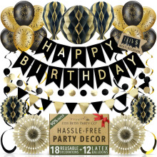 Premium Reusable Birthday Decorations - Multi-occasion Happy Birthday Banner also spells Party Day + more, Fast Assembly with Velcro - Black and Gold