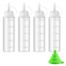 Qcdou Squeeze Bottle, 4 Pack Squeezy Sauce Bottles, 250ml /8 oz Plastic Bottles with Lids, Reusable Liquid Container, Seasoning Dispensers for Hot Sa
