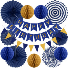 Navy Reusable Birthday Decorations Kit Mens Birthday Party Decorations Navy Blue Gold Banner Bunting Honeycomb Paper Lanterns Paper Fans