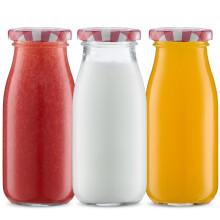 Danmu Art 3Pcs 250ml Glass Milk Bottles with Pretty Gingham Lids, Small Glass Jars for Decoration - Little Milk Juice Bottles (Red-Gingham)