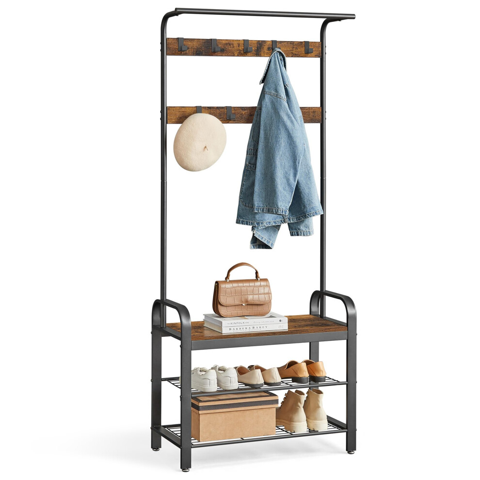 Vasagle Coat Rack, Coat Stand With Shoe Storage Bench, 4-In-1 Design, With 9 Removable Hooks, A Clothes Rail, For Hallway, Entrance, 33.7 X 72 X 183