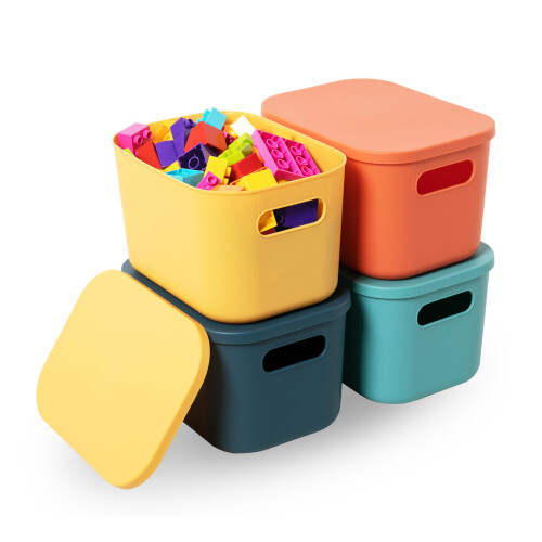 HapiLeap Storage Boxes With Lids, Stackable Plastic Storage Baskets for Shelves Kitchen Bathroom Playroom Classroom Office Nursery, 24.5x 17.5 x16cm,
