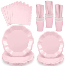 125 Pcs Pink Paper Plates and Napkins, 25 Guest Pink Party Tableware Include Party Plates Cups and Napkins Straws for Wedding Girl Baby Shower Birthd
