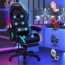 ELFORDSON Gaming Chair with 8-Point Massage LED Light, Computer Office Chair with Footrest 82cm High Back 150 Recliner, PU Leather, Black