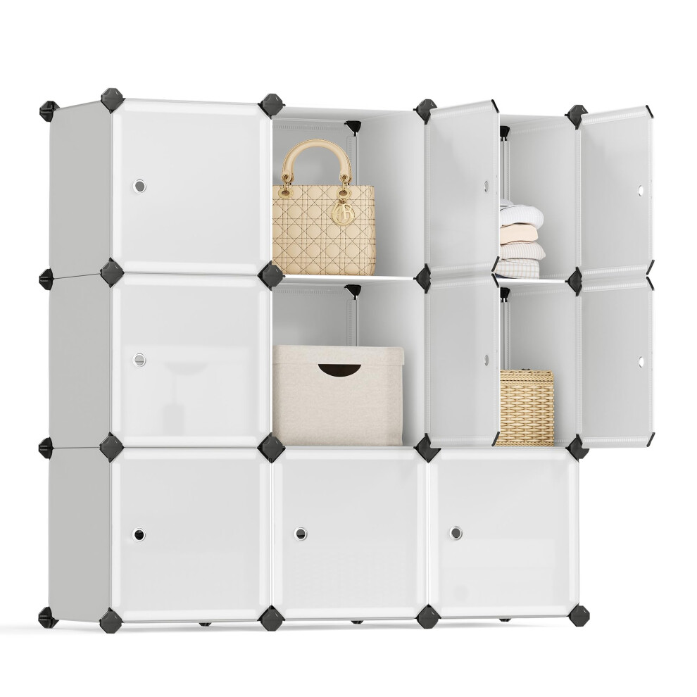 Songmics 9-Cube Storage Unit, Shoe Rack, Stackable Cubes, Plastic Closet Cabinet, Wardrobe, With Doors, For Bedroom, Office, Easy To Assemble, White