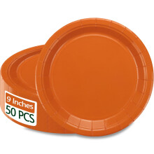 PTECDROTS 50Pcs Orange Paper Plates - 9" Round Disposable Dinner Plate for Halloween Baby Shower Orange Birthday Party Supplies