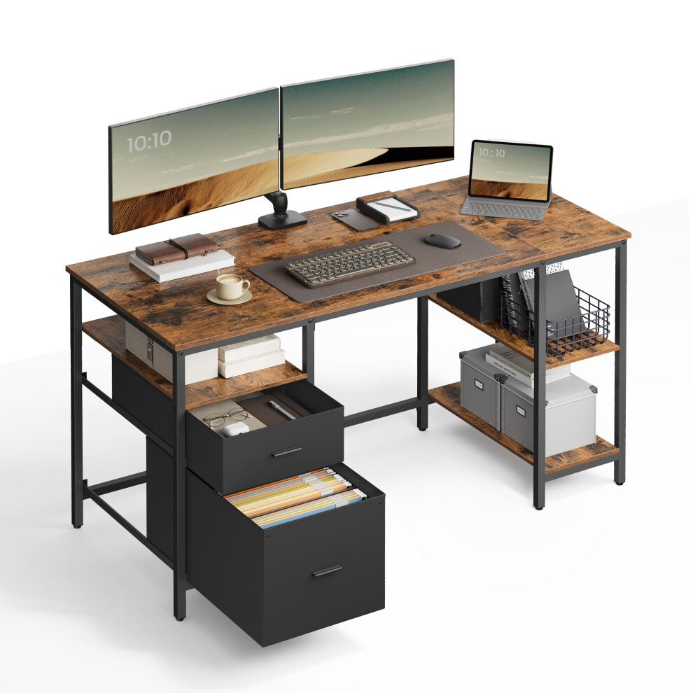 Vasagle Computer Desk, Office Desk, Writing Desk With 3 Shelves, 2 Drawers, 60 X 140 X 76 Cm, For Home Office, Living Room, Industrial Style, Rustic