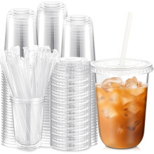 KAHEIGN 50Pcs Clear Plastic Cups with Lids and Paper Straws, 480ml Plastic Coffee Tumbler Reusable Drink Cup Elegant Party Beverage Glasses for Iced
