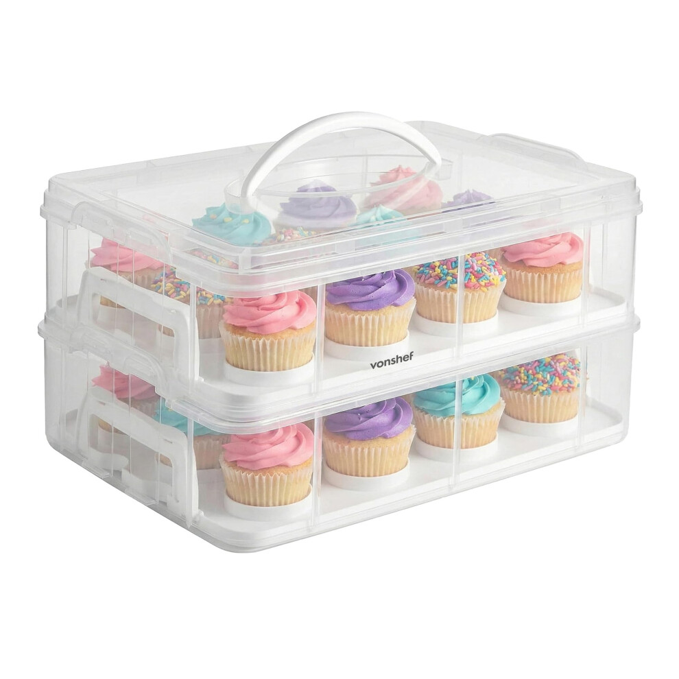 Vonshef Cupcake Carrier With Handle, Two Tier Stackable Cup Cake Box, 24 Muffin Cake Carrier With Airtight Snap Lid, Clear Plastic Baked Goods Contai