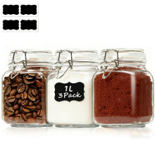 ComSaf 1L Clip Top Mason Jars for Home Preserving (3 Pack), Square Glass Jars with Airtight Lids, Storage Jars for Coffee, Flour, Sugar & Pantry Orga