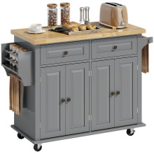 HOMCOM Kitchen Island on Wheels, Rolling Kitchen Storage Trolley with Rubber Wood Top, Drawers, Adjustable Shelves, Towel and Spice Rack for Dining R