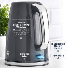 Swan Windsor Rapid Boil Kettle with Removable Limescale Filter, Boil Dry Protection and Hidden Cord Storage, 1.7L, 3KW, Grey, SK14611GRY