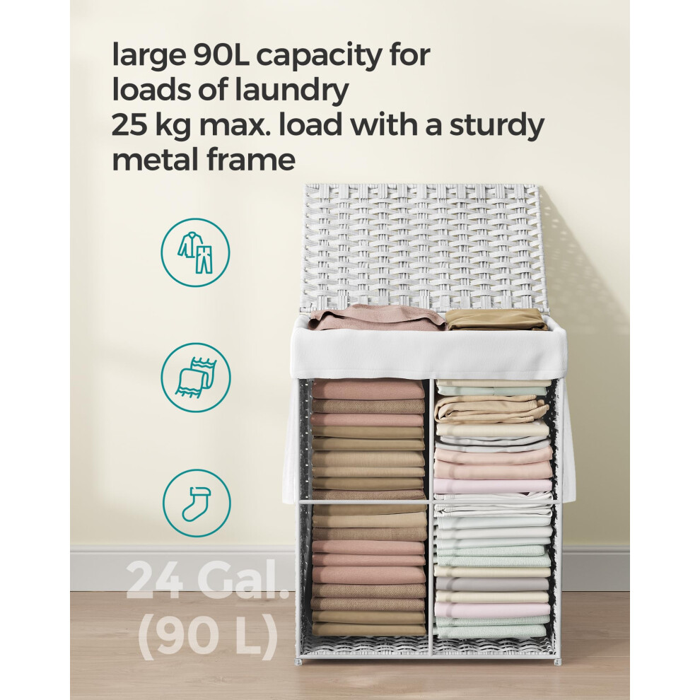 Songmics Handwoven Laundry Basket, 90L Synthetic Rattan Clothes Hamper With Lid And Handles, Foldable, Removable Liner Bag, Lcb51wt White