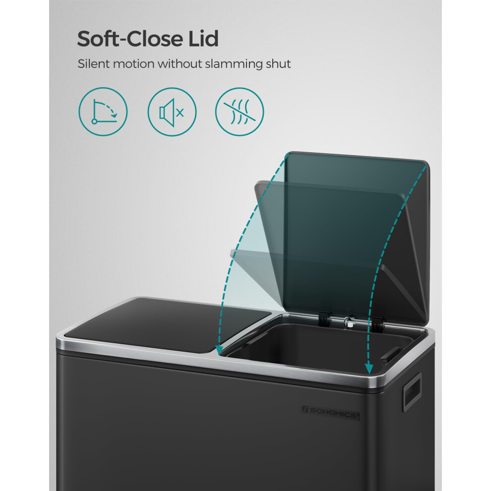 Songmics Dual Rubbish Bin, Metal Recycling Bin With 15 Rubbish Bags, 2-Compartment, With Lids, Pedals, Plastic Inner Buckets, Soft Closure, 2 X 8 Gal
