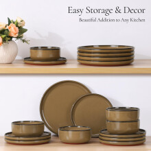 HaWare Camel Brown Dinner Set, 12 Piece Stoneware Dinnerware Service for 4, Reactive Glaze Plates and Bowls Set with Rustic Terracotta Base, Chip and