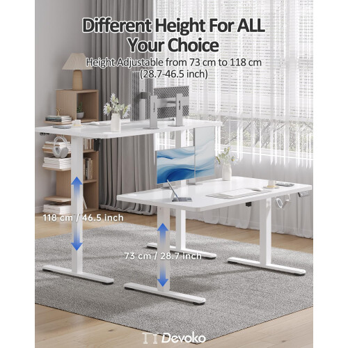 Devoko Electric Standing Desk 120x60cm Sit Stand Table Height Adjustable with Backpack Hook and Memory Smart Panel, Home Office, White 2