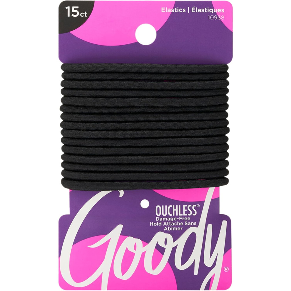 Goody Ouchless Braided Hair Elastics 15 Count, Black, Strong Hold No-Snag Hair Ties for Ponytails, Braids & Everyday Styling