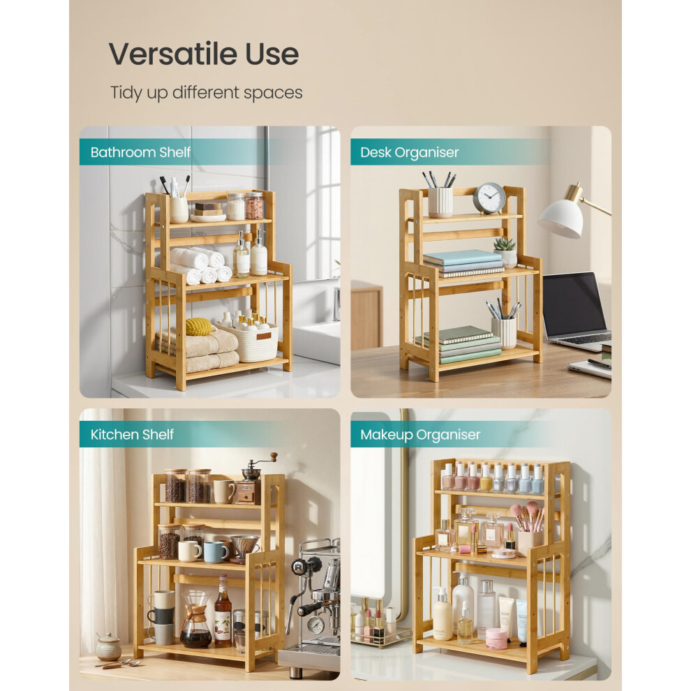 Songmics Spice Rack, 3-Tier Countertop Storage Shelf, Desktop Organiser With Bamboo Frame, For Kitchen, Dining Room, Office, Natural Beige Ofs047y101