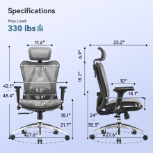 SIHOO M57 Ergonomic Office Chair Mesh Desk Chair with Adjustable Lumbar Support 3D Armrests Breathable High Back Computer Chair (Grey)