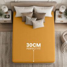 (Double, Ochre) 30cm Deep Brushed Microfiber Fitted Bed Sheet - 200TC Extra Deep Pocket Hotel Quality Durable Fitted Sheets