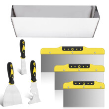 suokoun Wallpaper Scraper Set, 7 Pieces Stainless Steel Drywall Hand Tool Kit Includes Taping Putty Tool and 12" Mud Pan with Soft Grip Handle for Dr