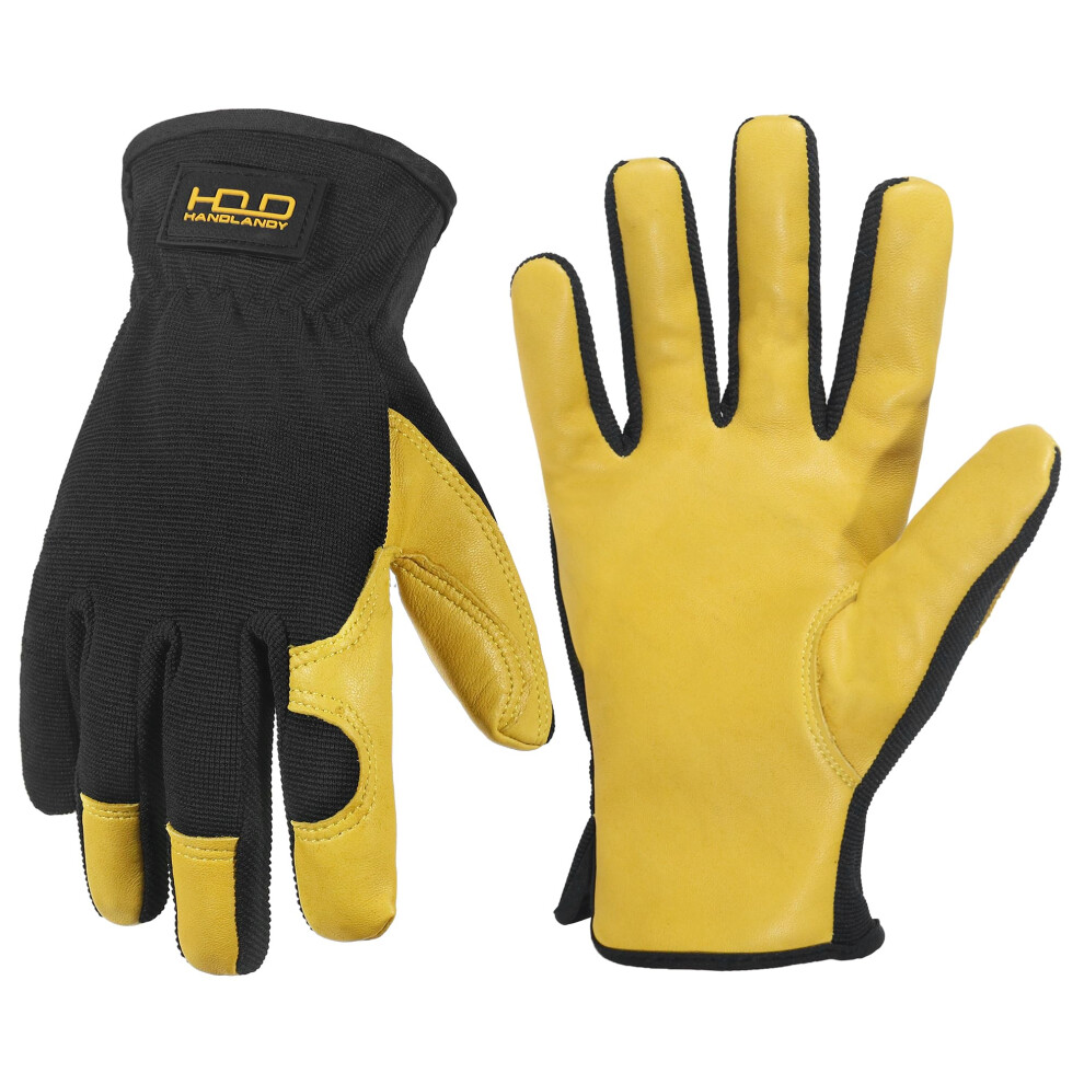 Handlandy Men Leather Gardening Gloves, Utility Work Gloves For Garden & Building Work, Dexterity & Breathable Construction Gloves (Yellow-Black, L) 5004258544632