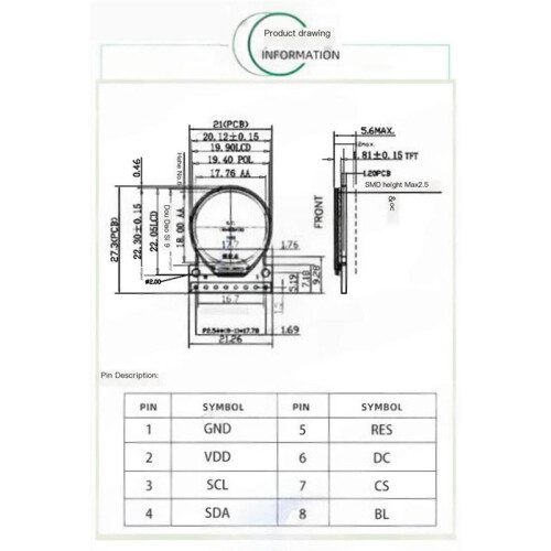 5PCS 0.71" Round TFT Display Development Board 160x160 SPI Full Color Module GC9D01 Driver Round Screen 1