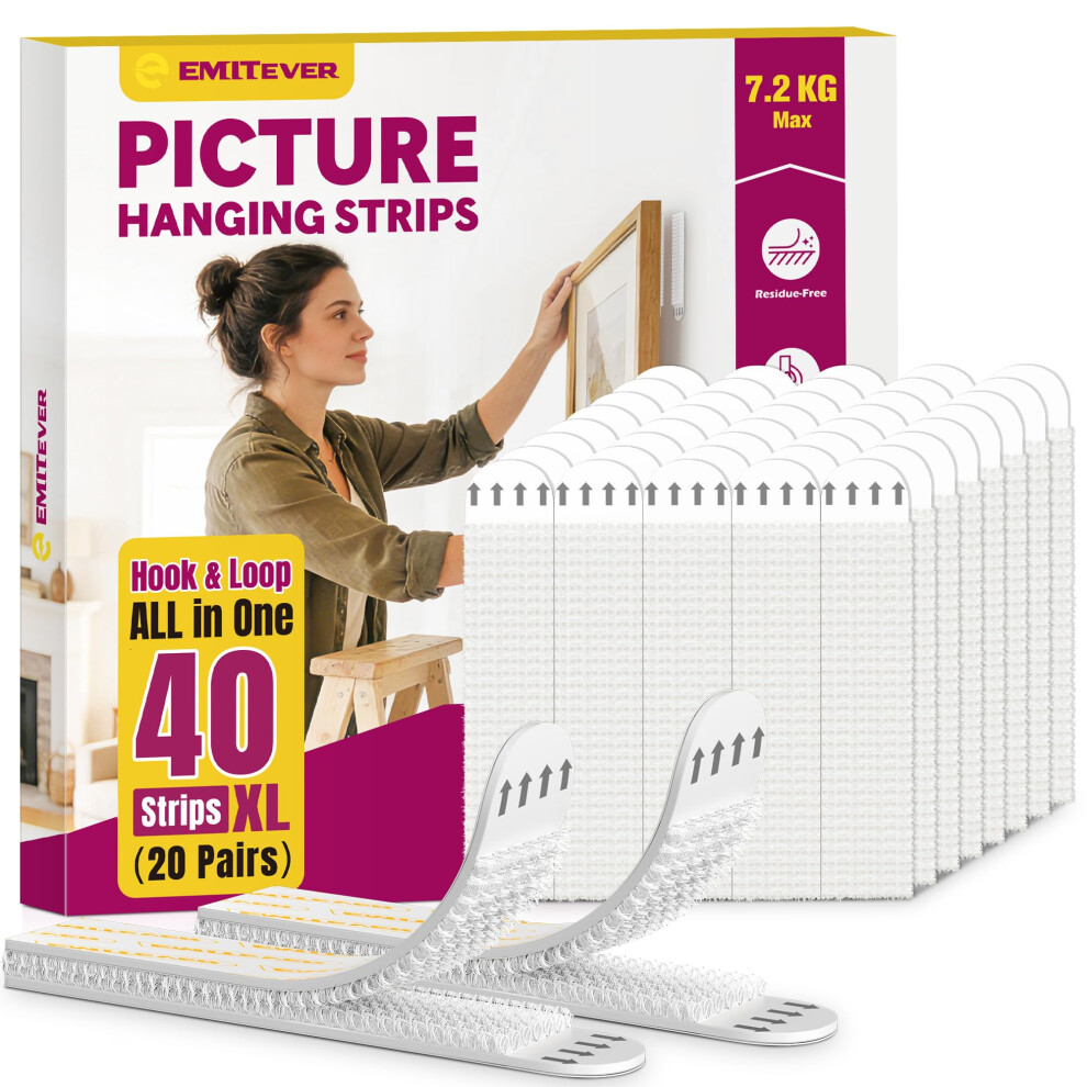 Emitever Picture Hanging Strips 20 Pairs (40 Strips, Xl) Holds Up To 7.2 Kg, Wal 5003878649031