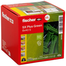 fischer Expansion dowels SX Plus Green 8 x 40 S, Box of 45 Sustainable dowels and Matching Screws, Optimal Hold in Concrete, Solid Brick, aerated Con