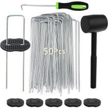 WOHOHOHO 50 Weed Control Membrane Pegs + 50 Buffer Washer, with Pick Hook and Black Hammer. 6" Artificial Grass Pegs Garden Landscape Staples Stakes
