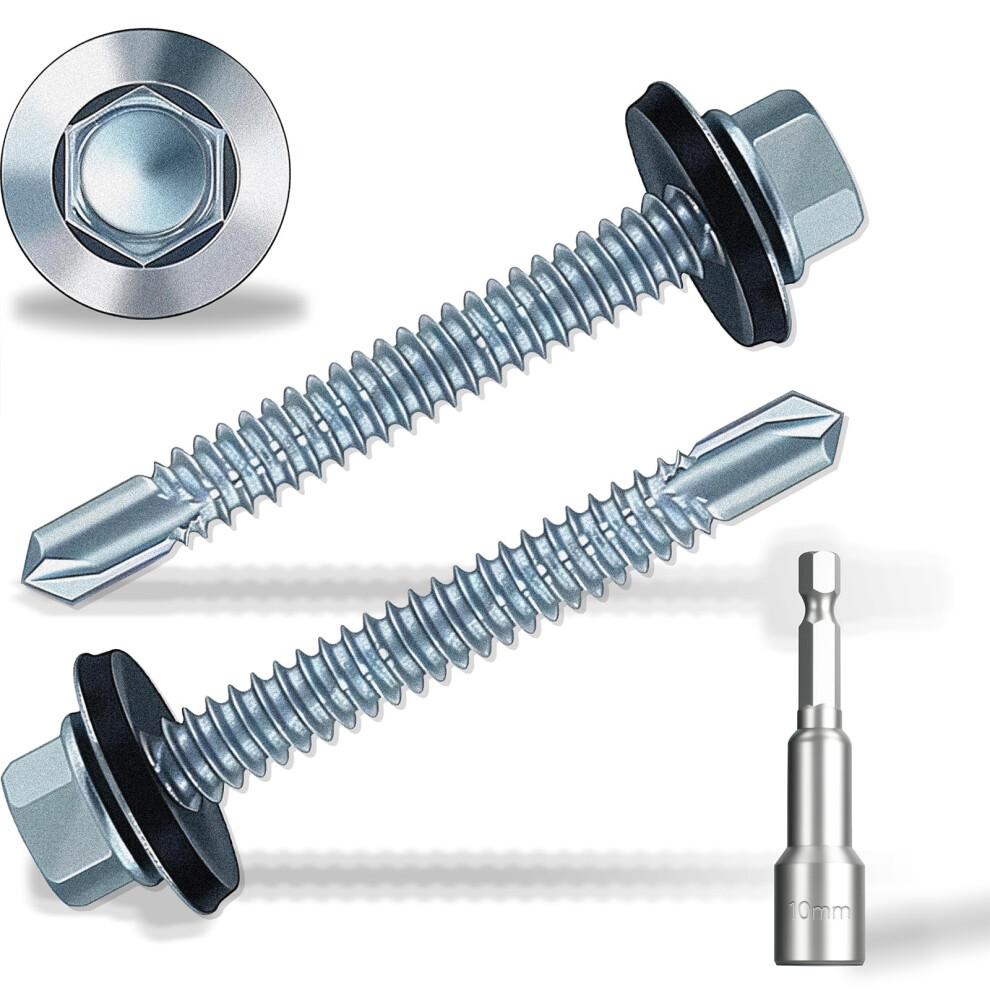 6.3X75mm Self-Drilling Roofing Screws, 60 Pcs Hex Head Self Tapping Screws With Rubber Sealing Washer, Zinc Plated 5007646545051