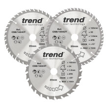Trend Wood Cordless Circular Saw Blades, 165mm Diameter, 20mm Bore, 24/40/52 Teeth, 1.5mm Kerf, +15 Hook, TCT, Medium/Fine/Extra-Fine Finish, 3 Pack