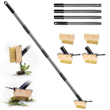 Patio Weed Remover Tool & Moss Removal Brush Set - 4 Replaceable Steel Wire Heads with Adjustable 63" (160cm) Long Handle, Manual Weeding Tool for Bl