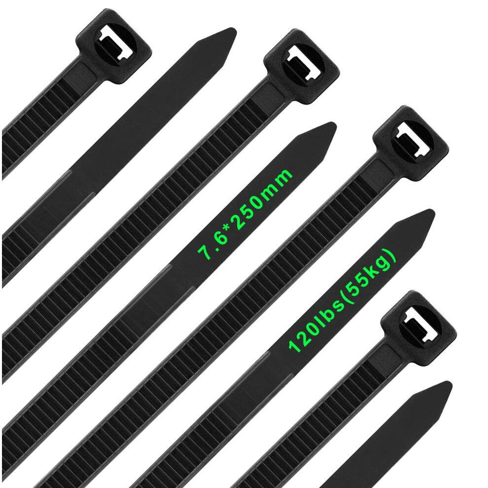 Viuxule 100Pcs Cable Ties Heavy Duty, 250Mm7.6mm Thick Long Tie Wraps Uv Resistant With 120 Lbs Tensile Strength, 10 Inch Strong Nylon Plastic Self 5005721610465
