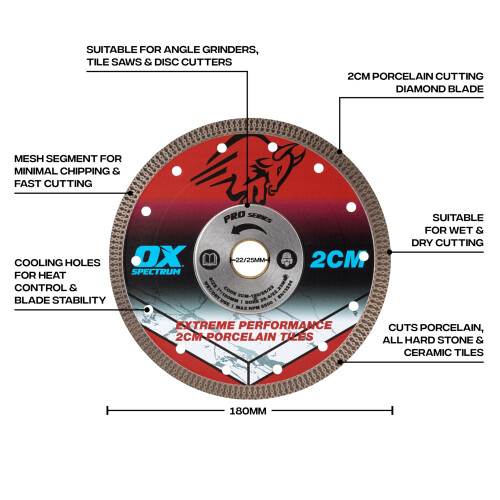 OX Pro 2CM Porcelain Cutting Blade - 180/25.4/22.23mm 1