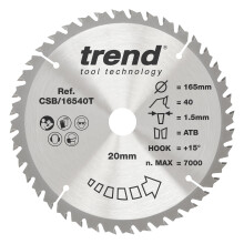 Trend Wood Cordless Circular Saw Blade, 165mm Diameter, 20mm Bore, 40 Teeth, 1.5mm Kerf, +15 Hook, TCT, Fine Finish, CSB/16540T