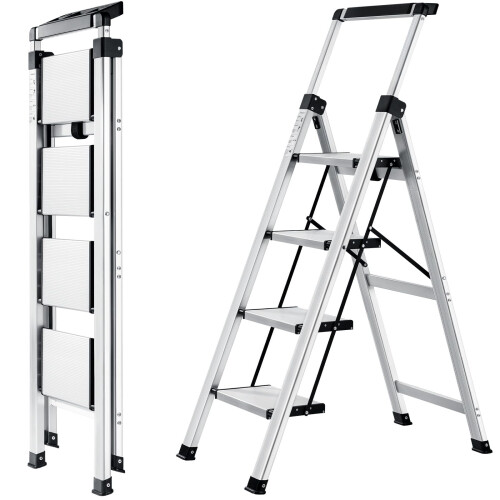 XinSunho Step Ladder 4 Step, Aluminum Folding Step Stool with Retractable Handgr