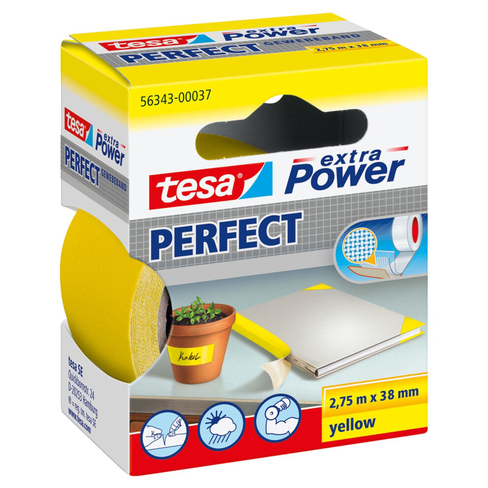 Tesa Extra Power Perfect Cloth Tape - Fabric-Reinforced Repairing Tape For Crafting, Repairing, Fastening, Reinforcing And Labelling - Yellow - 2.75 5000303761443